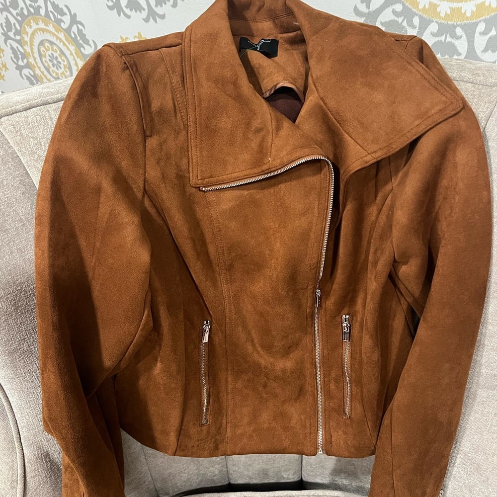 TAHARI Women's Brown Faux Suede Moto Jacket